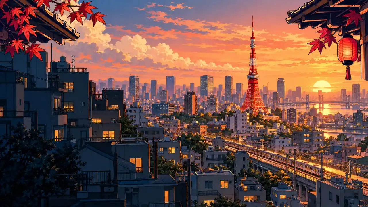 Illustration of Tokyo-inspired streets at dusk, framed by lanterns